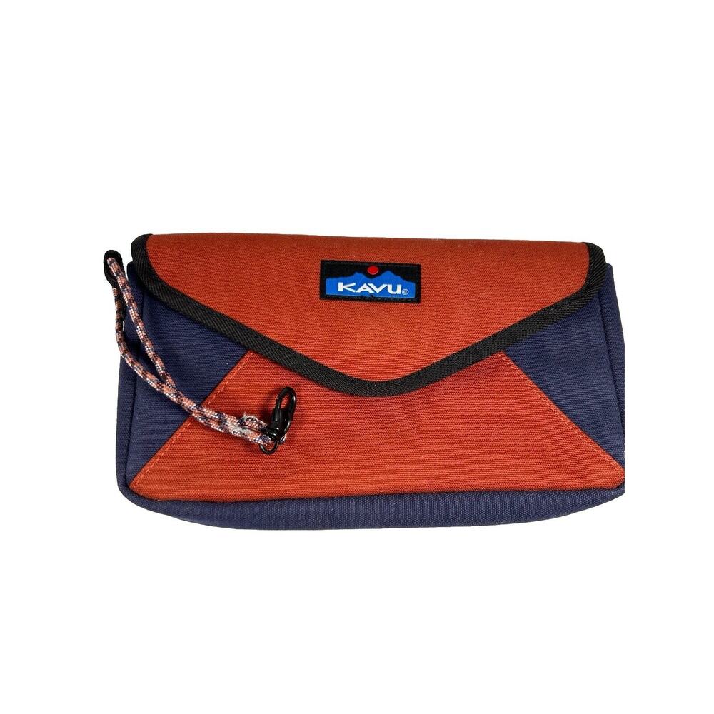 Kavu Large Canvas Wristlet Clutch Snap Closure Brown & Navy Blue 10"